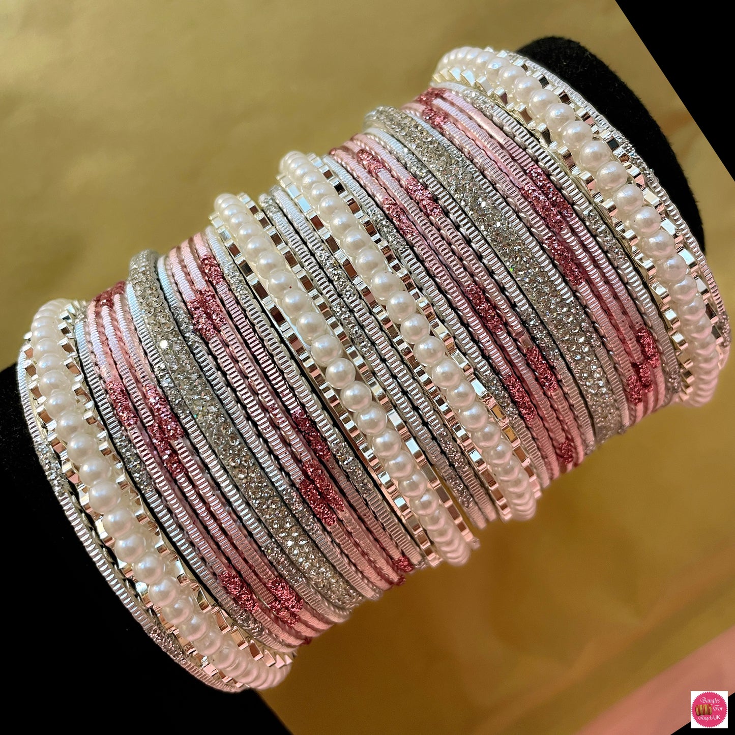 Silver Pearl Metal Bangles Set- Pink