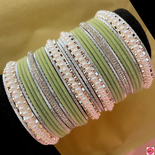 Silver Pearl Metal Bangles Set- Mint Green/Pista