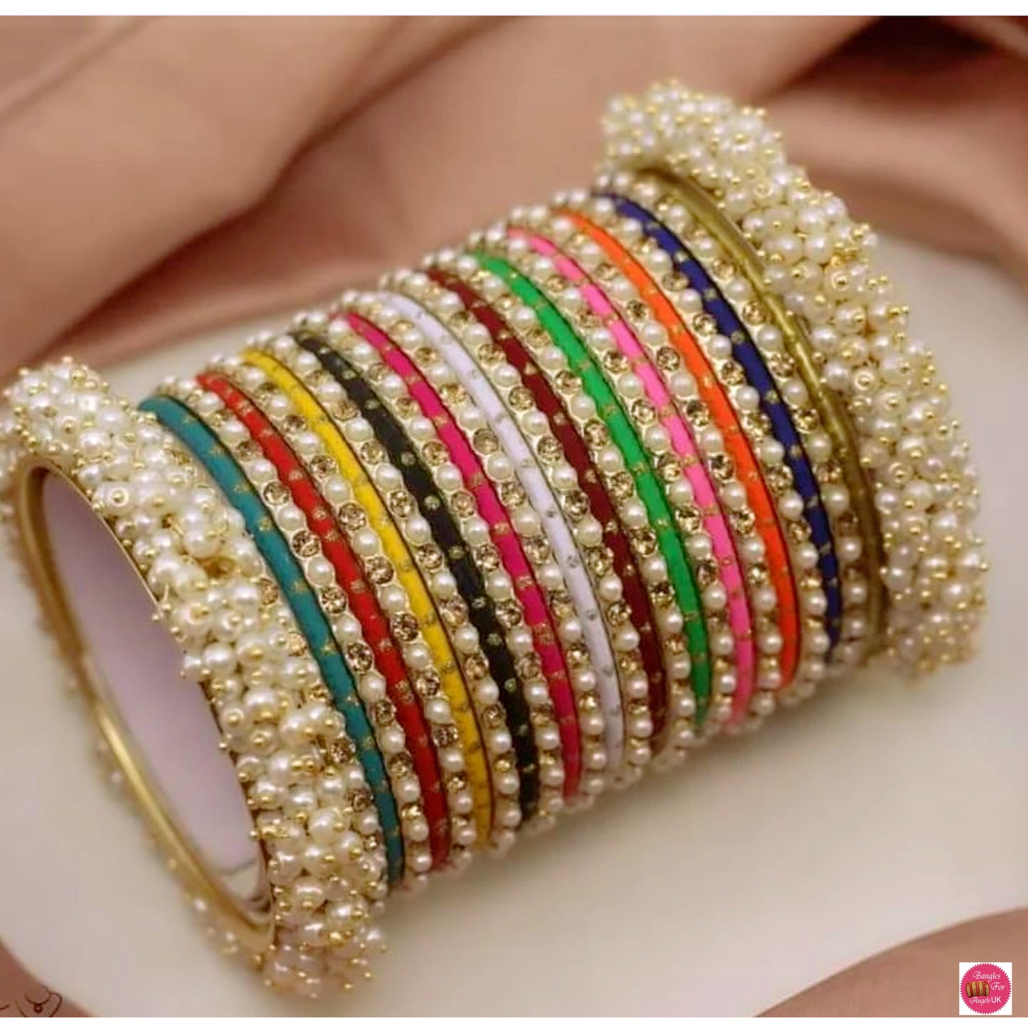 Multicoloured Pearl Metal Bangles Set