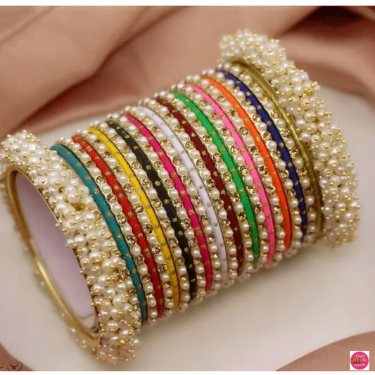 Multicoloured Pearl Metal Bangles Set