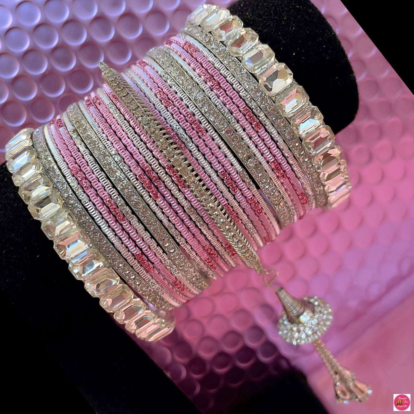 Silver Zirconia Mirror Hanging Metal Bangles Set- Lilac Pink