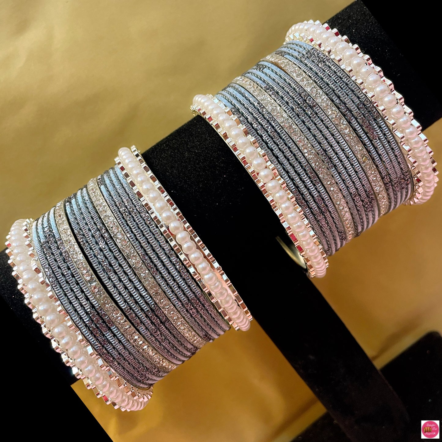 Silver White Pearls Grey Metal Bangles Set- Size 2.10