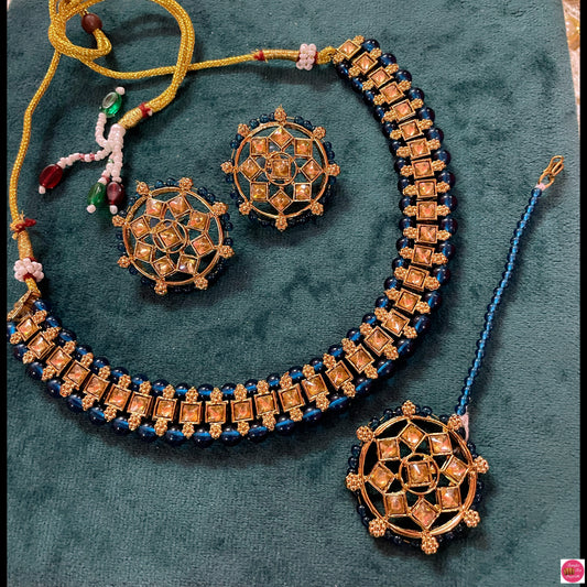 Kundan Necklace, Earings & Maang Tikka Set- Teal Blue