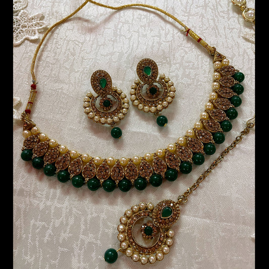 Pearl Gold Necklace, Earings & Maang Tikka Set- Green