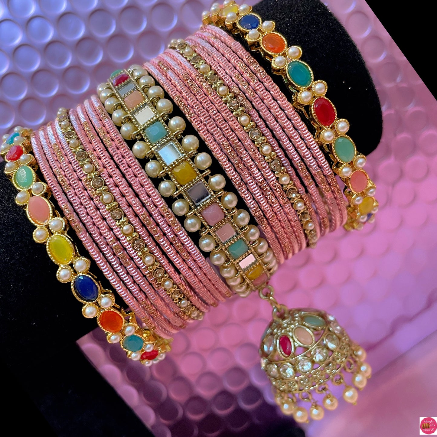 Kundan Pearl Hanging Metal Bangles Set- Tuscany Pink