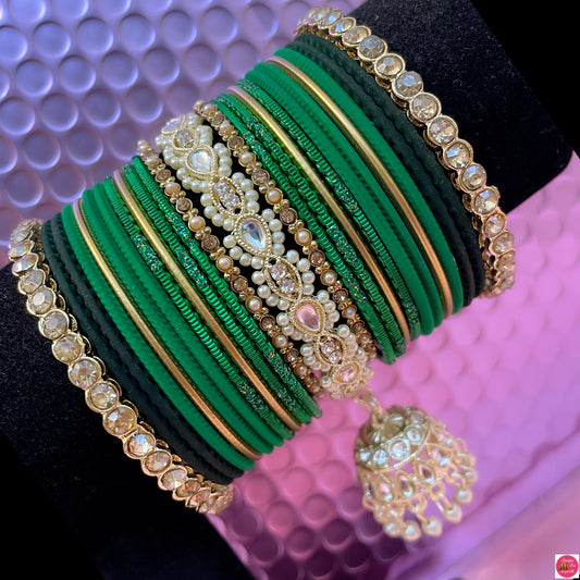 Kundan Gold Pearl Hanging Metal Bangles Set- Greens