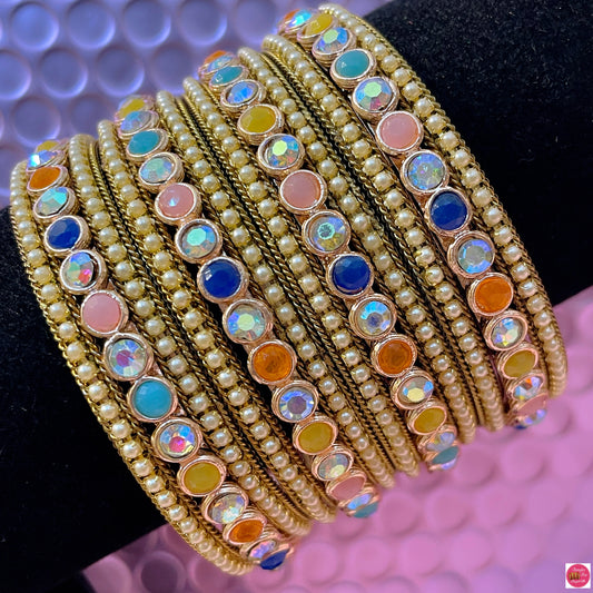 Multicoloured Pearl Metal Bangles Set