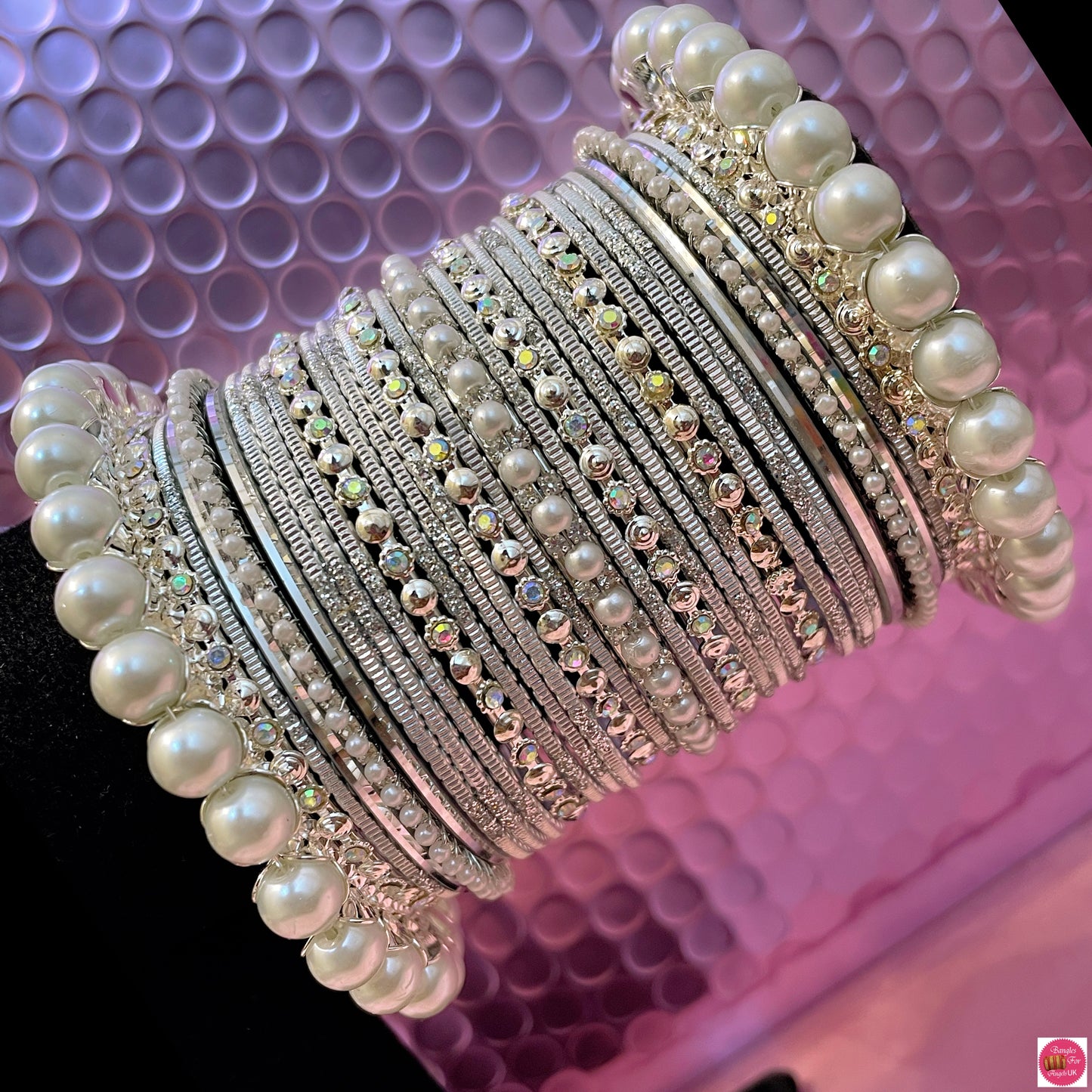 Silver Pearl Metal Bangles Set