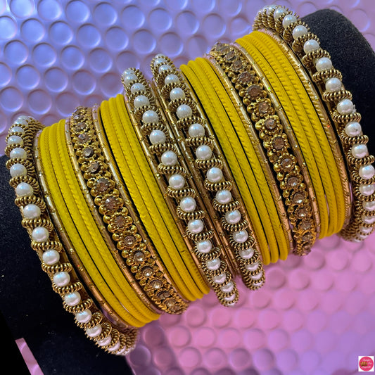 Pearl Metal Bangles Set- Yellow