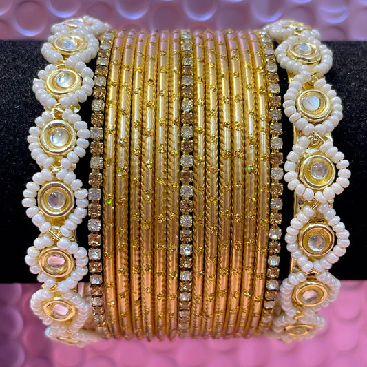 Gold Pearl Zirconia Metal Bangles Set- Size 2.10