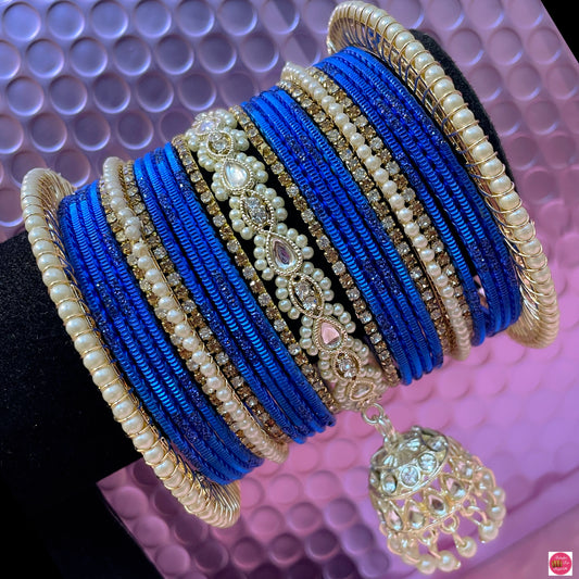 Kundan Pearl Hanging Metal Bangles Set- Blue