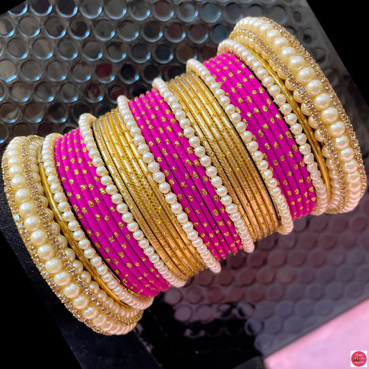 Pearl Gold Zirconia Metal Bangles Set- Hot Pink