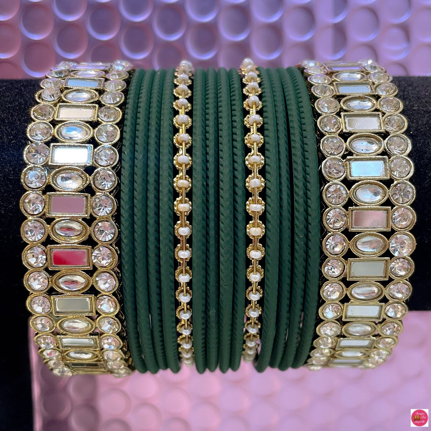 Kundan Mirror Pearl Metal Bangles Set- Green