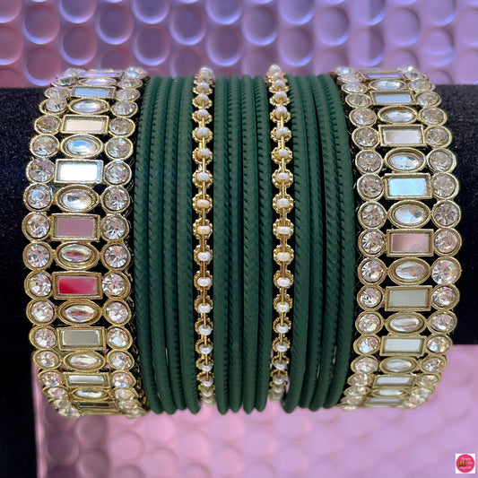 Kundan Mirror Pearl Metal Bangles Set- Green