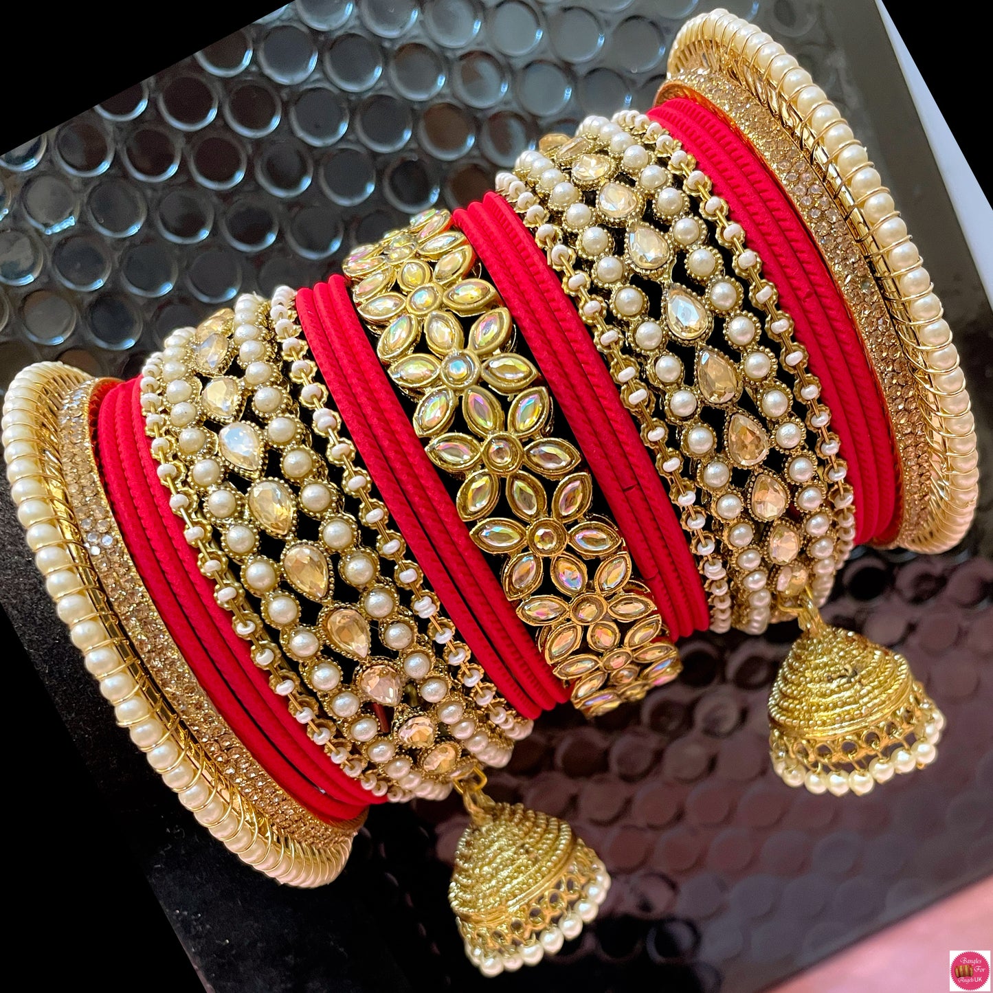 Kundan Pearl Hanging Metal Bangles Set- Redd