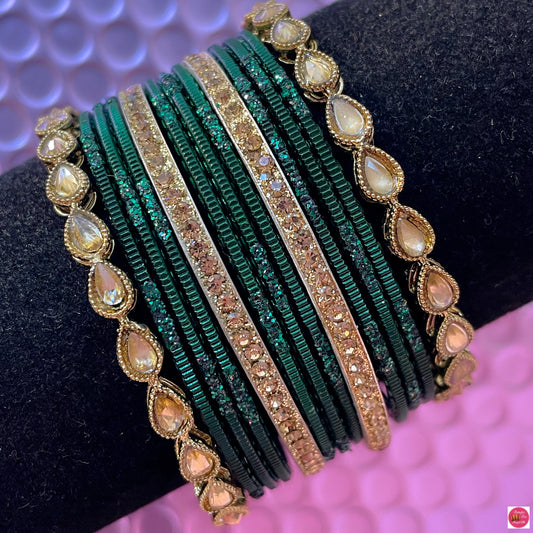 Kundan Green Metal Bangles Set- Size 2.2