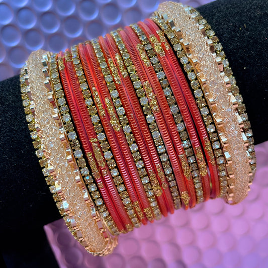 Gold Zirconia Metal Bangles Set- Peach