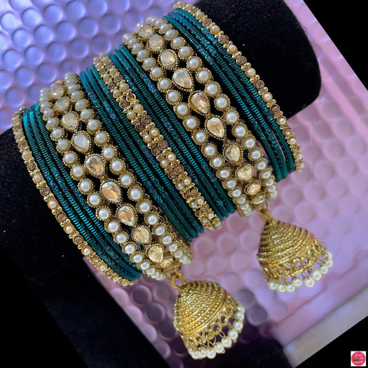 Kundan Hanging Pearl Teal Metal Bangles Set- Size 2.10