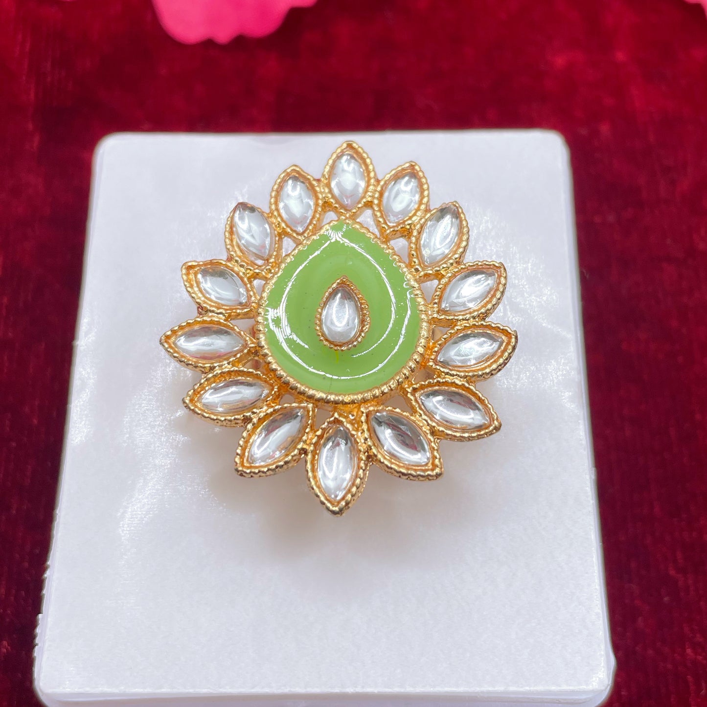 Kundan Mint Green Adjustable Cocktail Ring