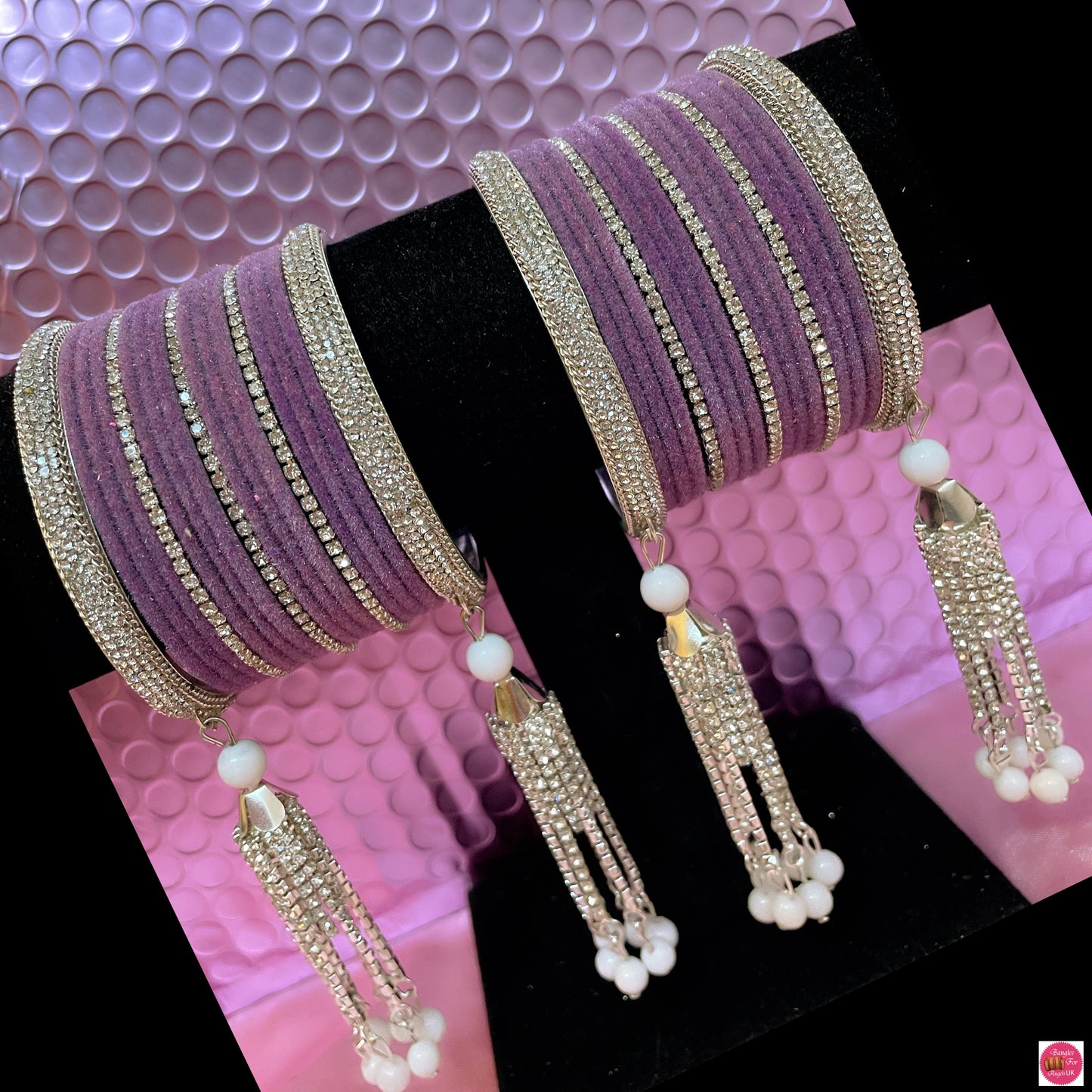 Silver Zirconia Hanging Metal Bangles Set- Lilac/Purple