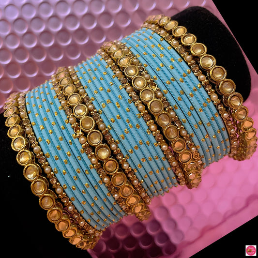 Kundan Metal Bangles Set- Sky Blue