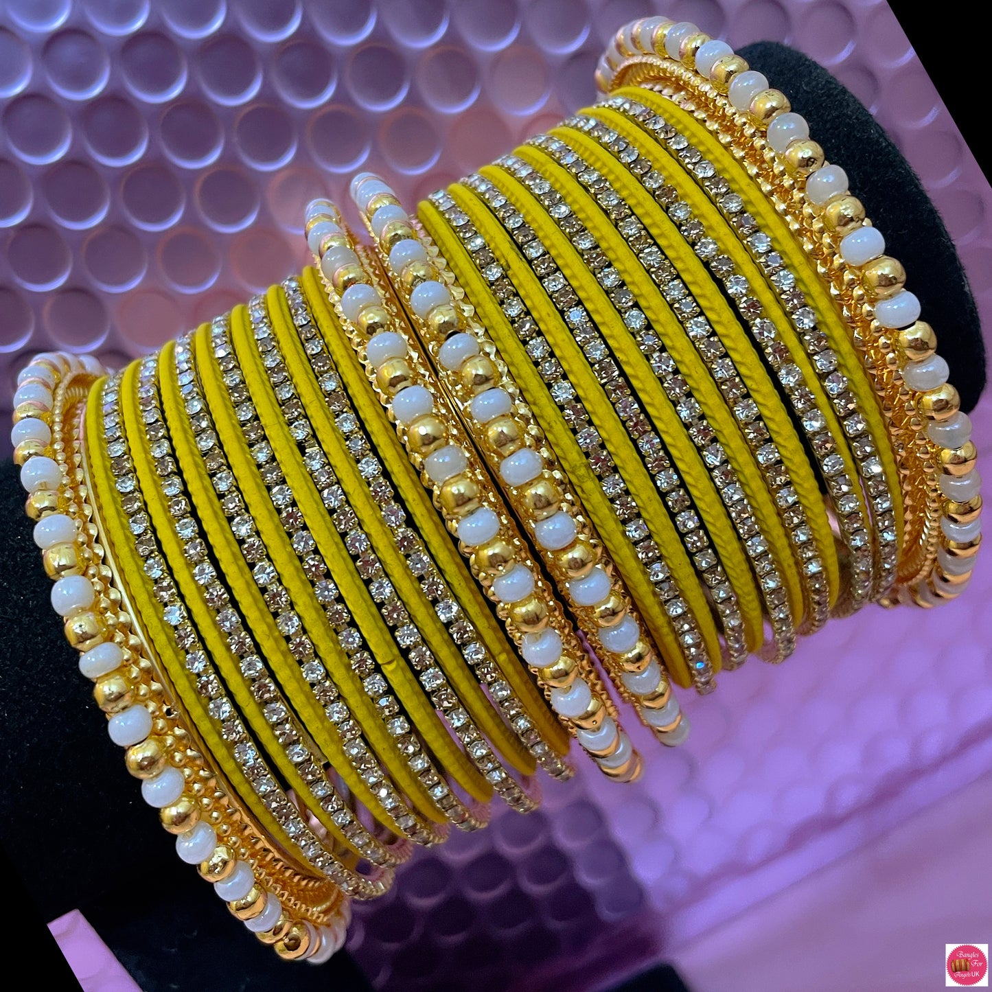 Pearl & Gold Zirconia Metal Bangles Sets- Various Colours