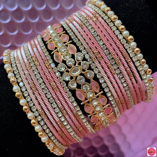 Peachy/Pink Zirconia Pearl Metal Bangles Set