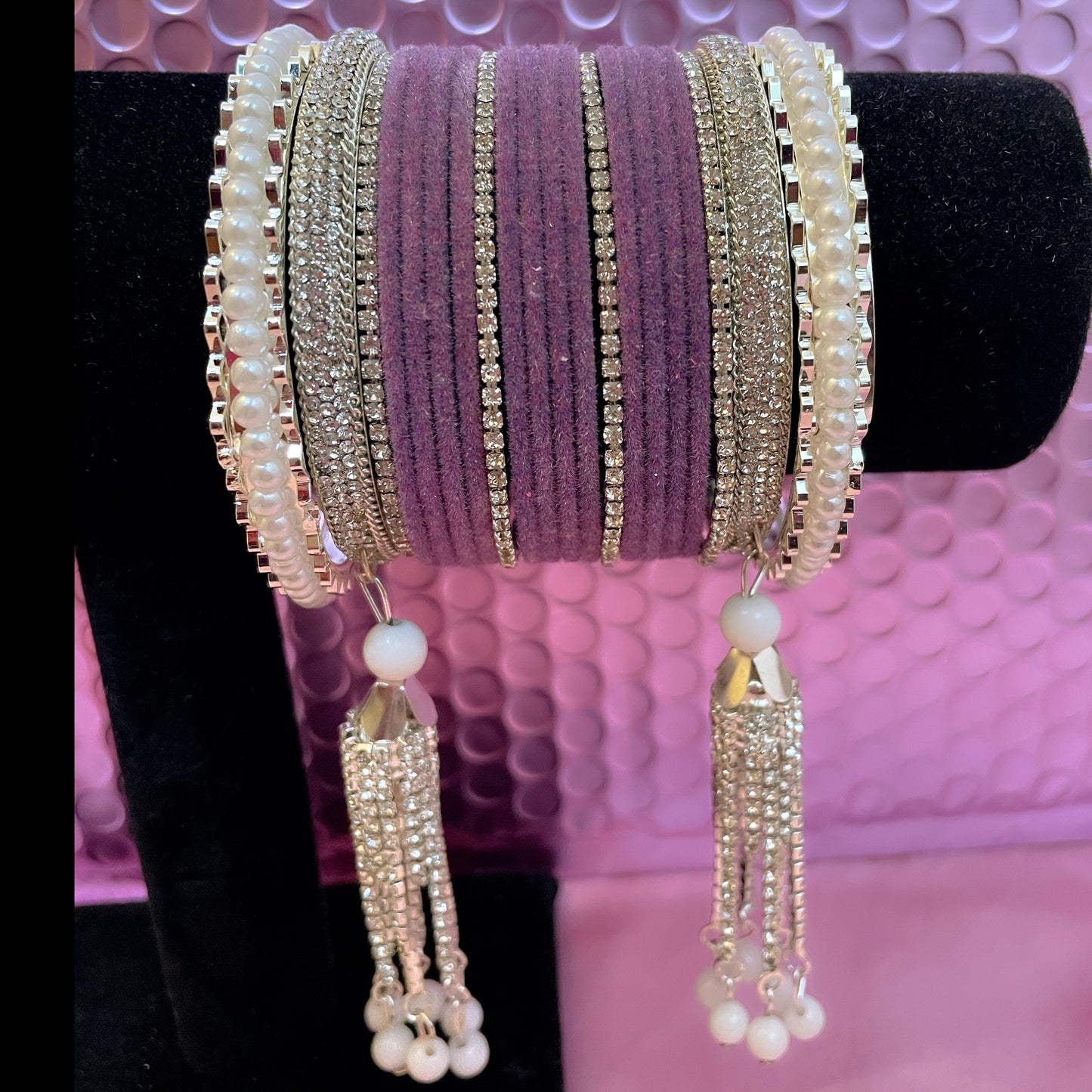 Silver White Pearl Zirconia Hanging Metal Bangles Sets- Various Colours