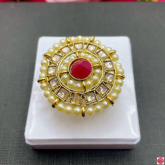 Kundan Pearl Adjustable Cocktail Ring- Ruby Red
