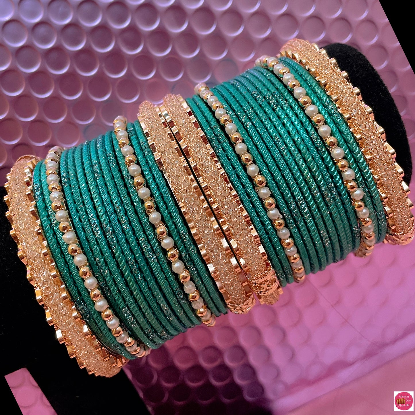 Gold Zirconia Pearl Metal Bangles Set- Various Colours