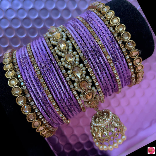 Kundan/Polki Zirconia Hanging Metal Bangles Set- Lilac