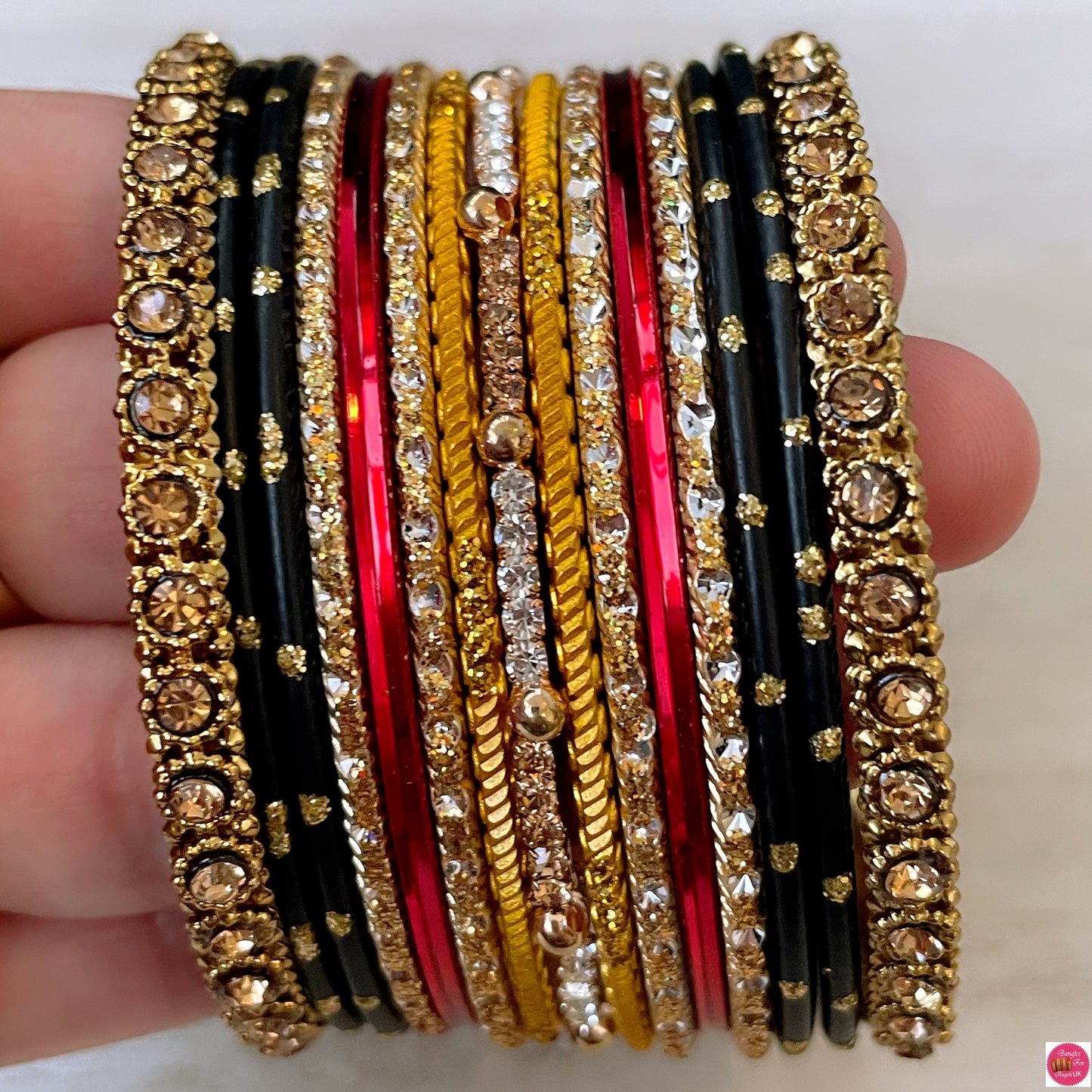 Gold Zirconia Metal Bangles Set- Black/Yellows