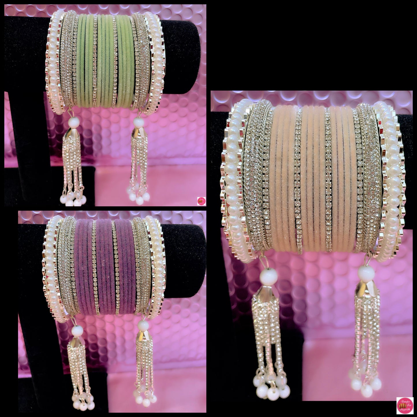 Silver White Pearl Zirconia Hanging Metal Bangles Sets- Various Colours