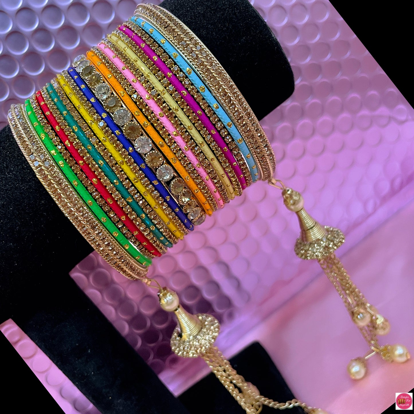 Multicoloured Zirconia Hanging Pearl Metal Bangles Set