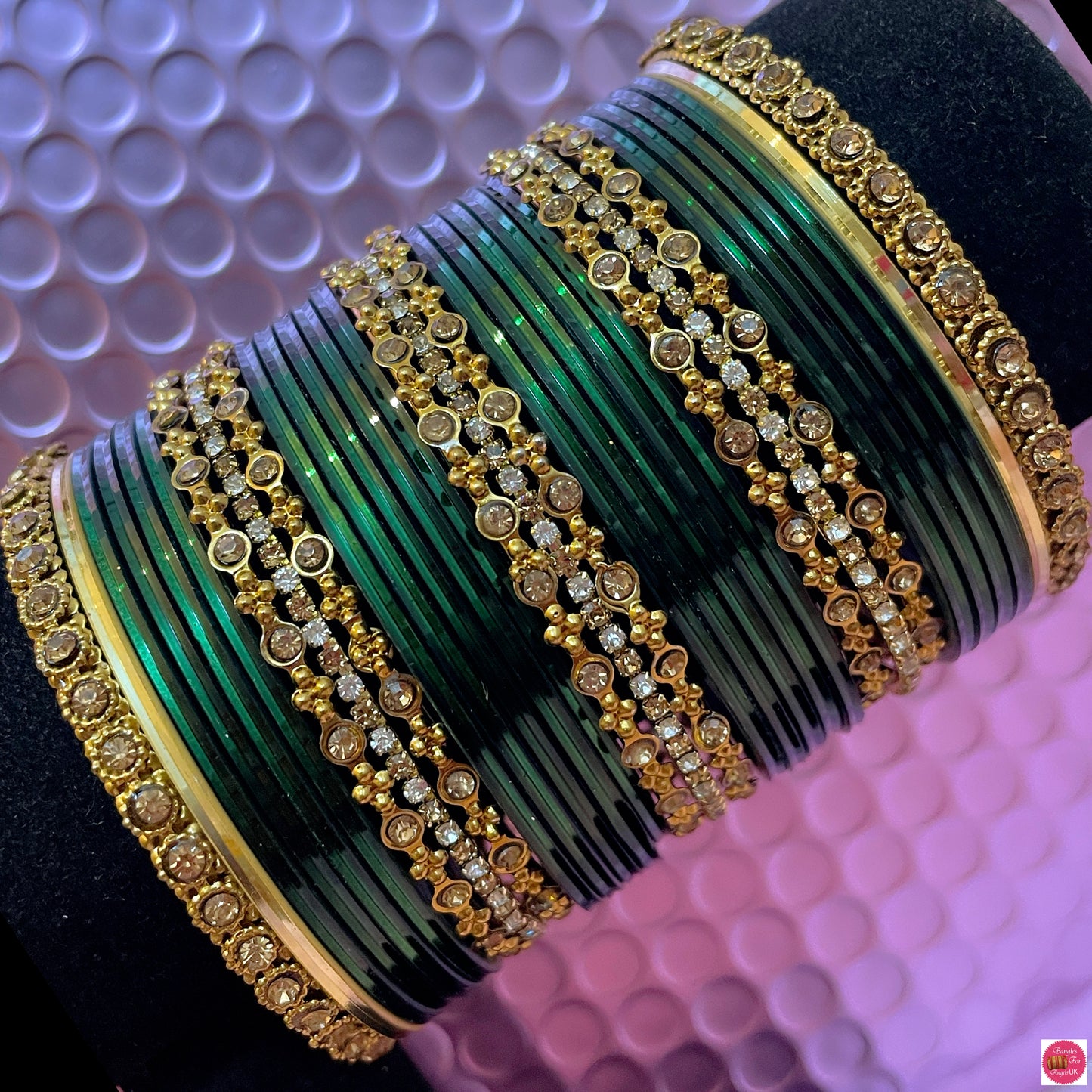 Gold Zirconia Metal Bangles Set- Green