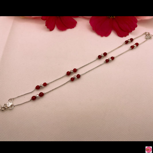 Silver Anklet/Payal- Maroon