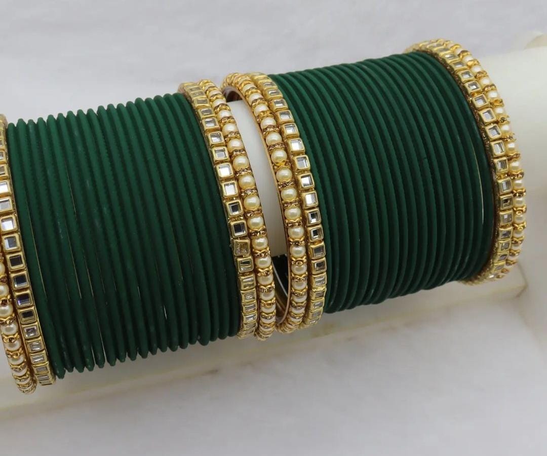 Kundan Pearl Metal Bangles Set- Various Colours