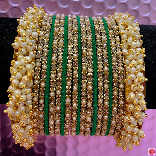 Gold Pearl Metal Bangles Set- Green