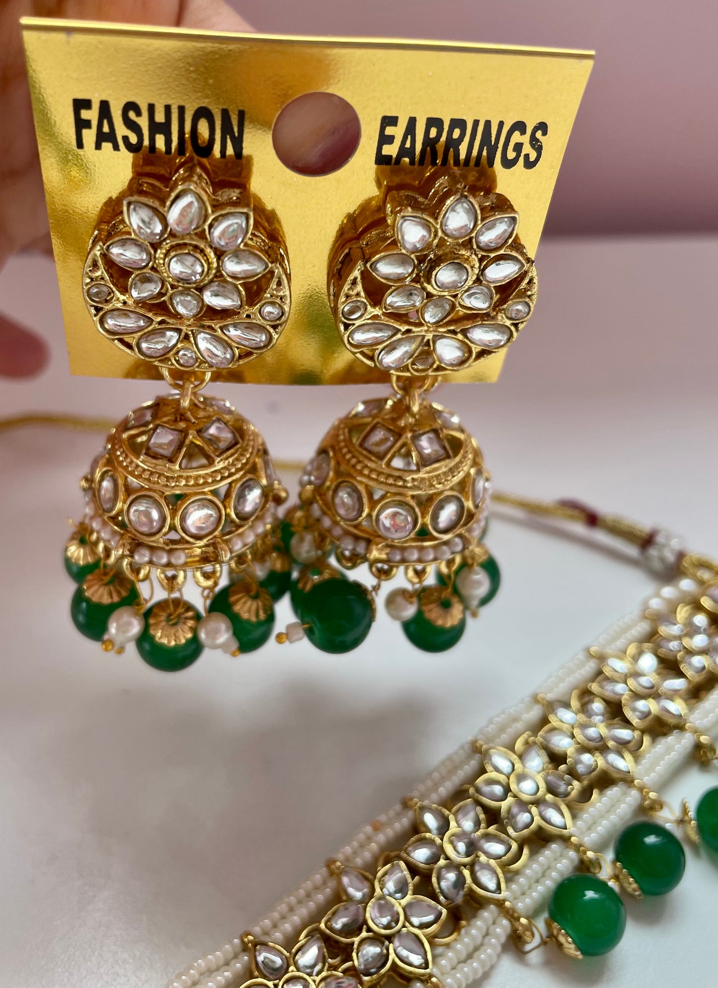 Kundan Pearl Choker, Earings & Maang Tikka Set- Green