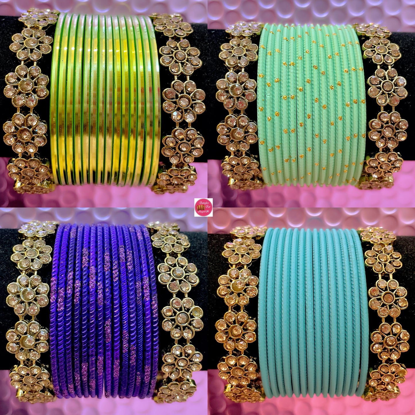 Gold Flower Metal Bangles Set- Various Colours