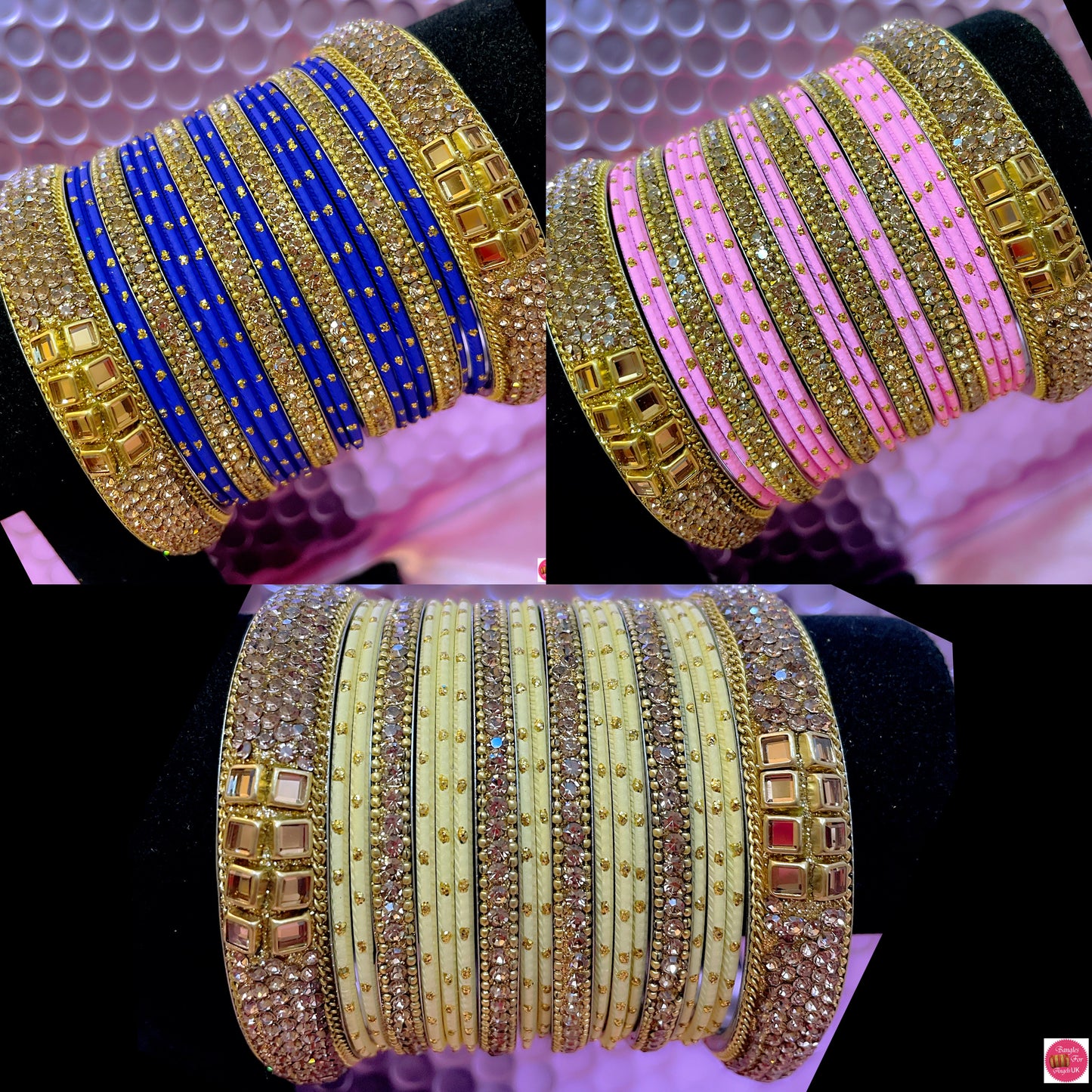 Kundan Gold Metal Bangles Set Various Colours- Size 2.10