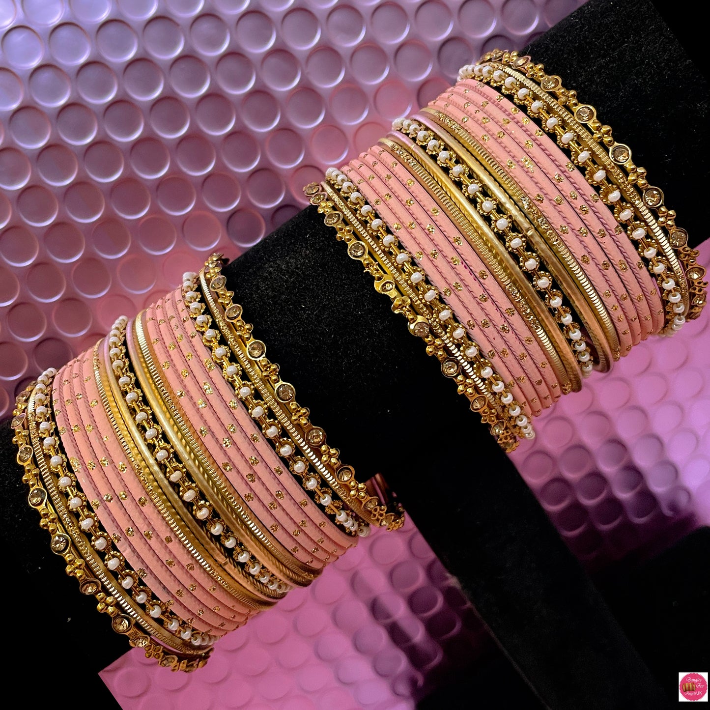 Pearl Gold Metal Bangles Set- Peach