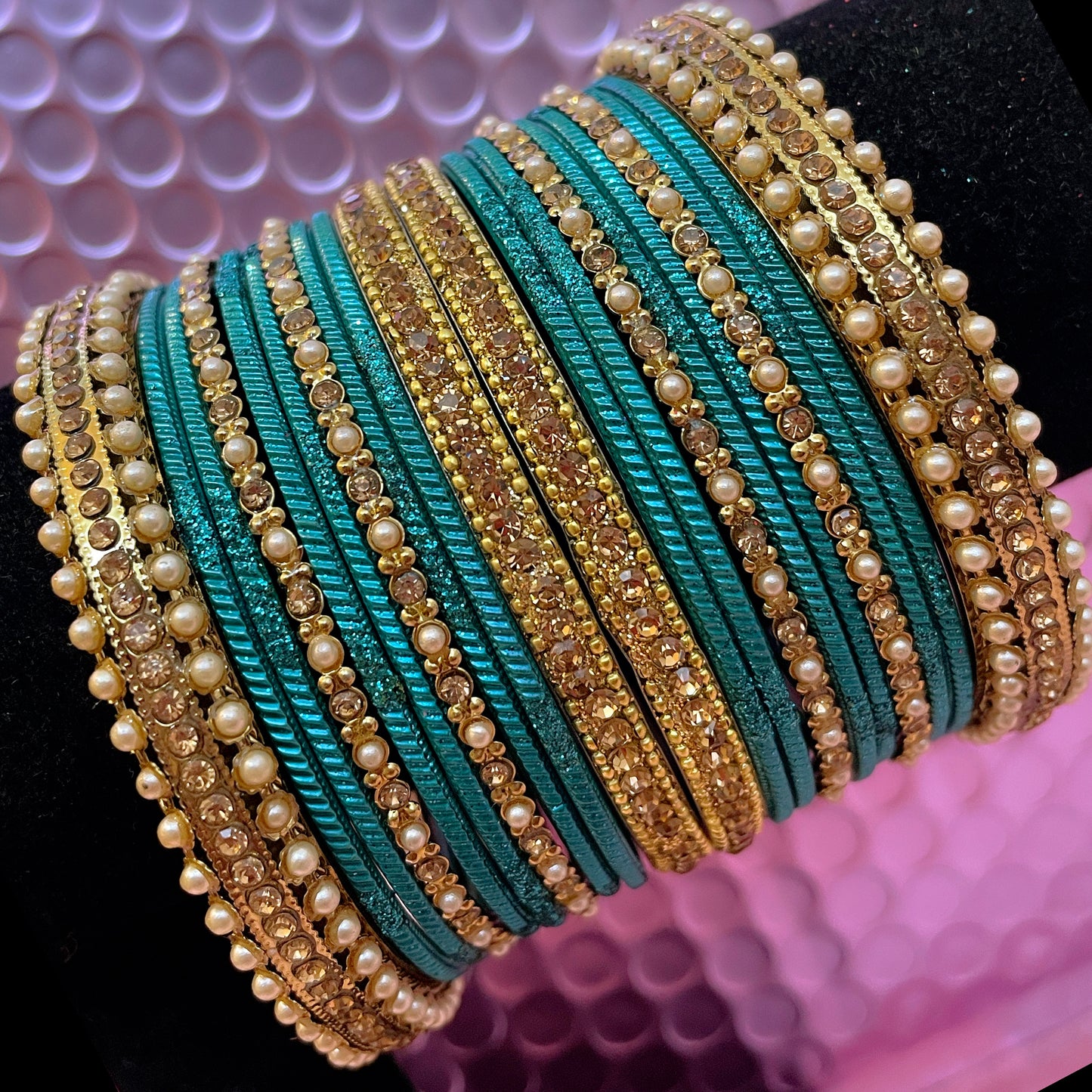 Gold Pearl Metal Bangles Set Various Colours- Size 2.10