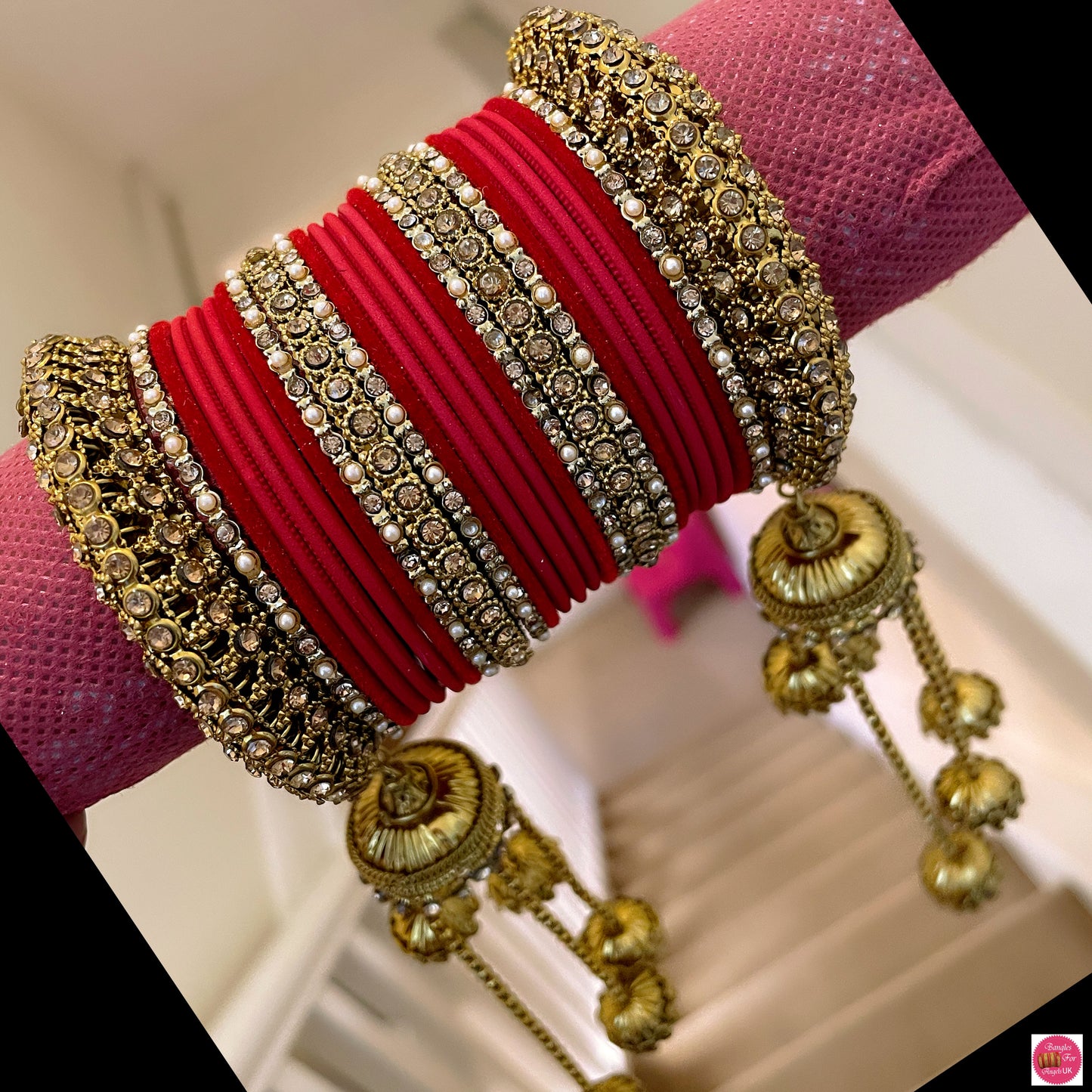 Antique Gold Hanging Metal Bangles Set- Red