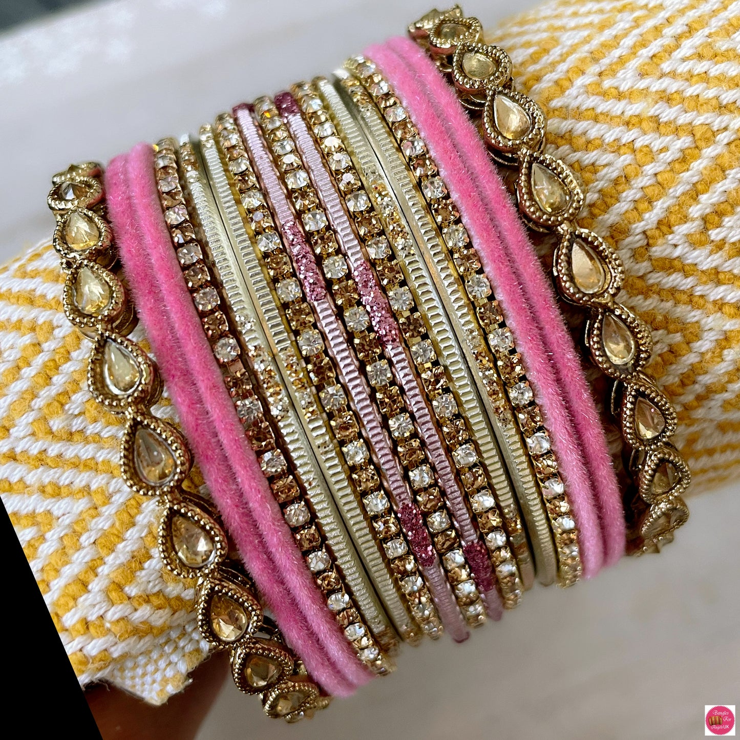 Kundan Zirconia Metal Bangles Set- Pinks