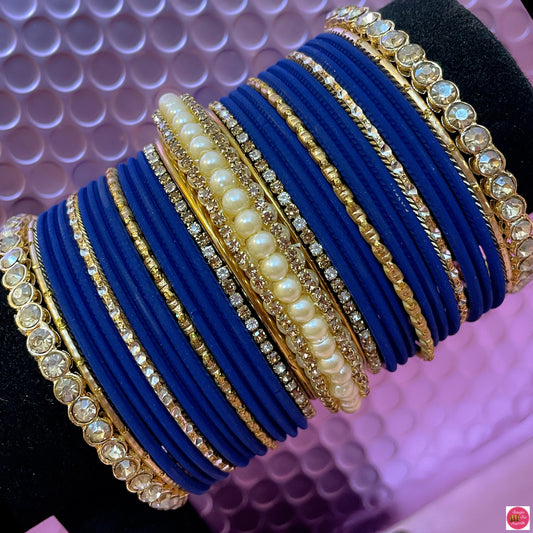 Pearl Zirconia Gold Metal Bangles Set- Blue