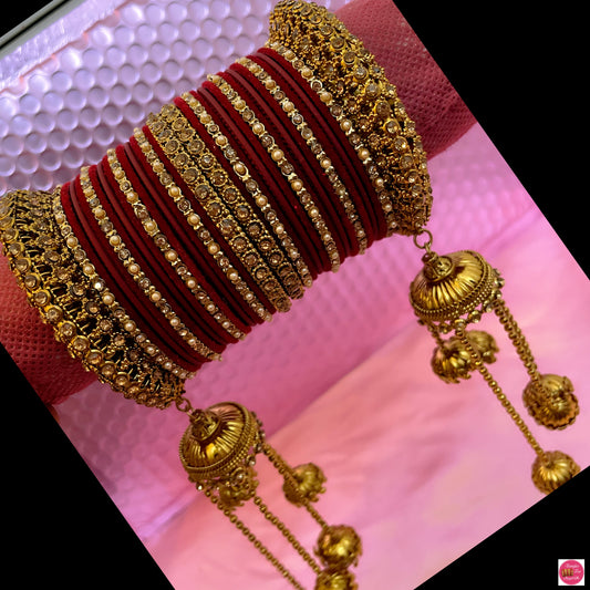 Antique Gold Hanging Metal Bangles Set- Maroon