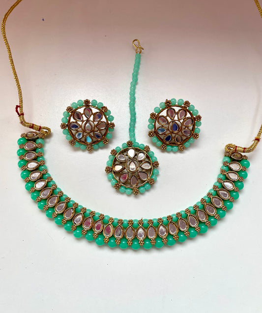 Premium Quality Mirror Choker, Earings & Maang Tikka Set- Mint Green