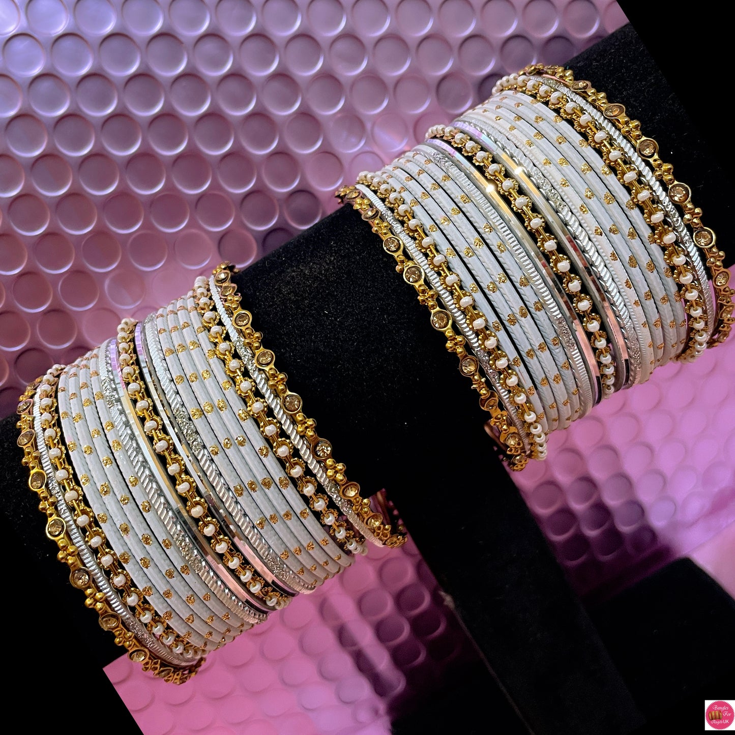 Gold Pearl Metal Bangles Set- White