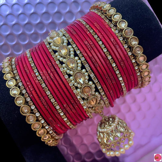 Kundan Polki Zirconia Hanging Metal Bangles Set- Red